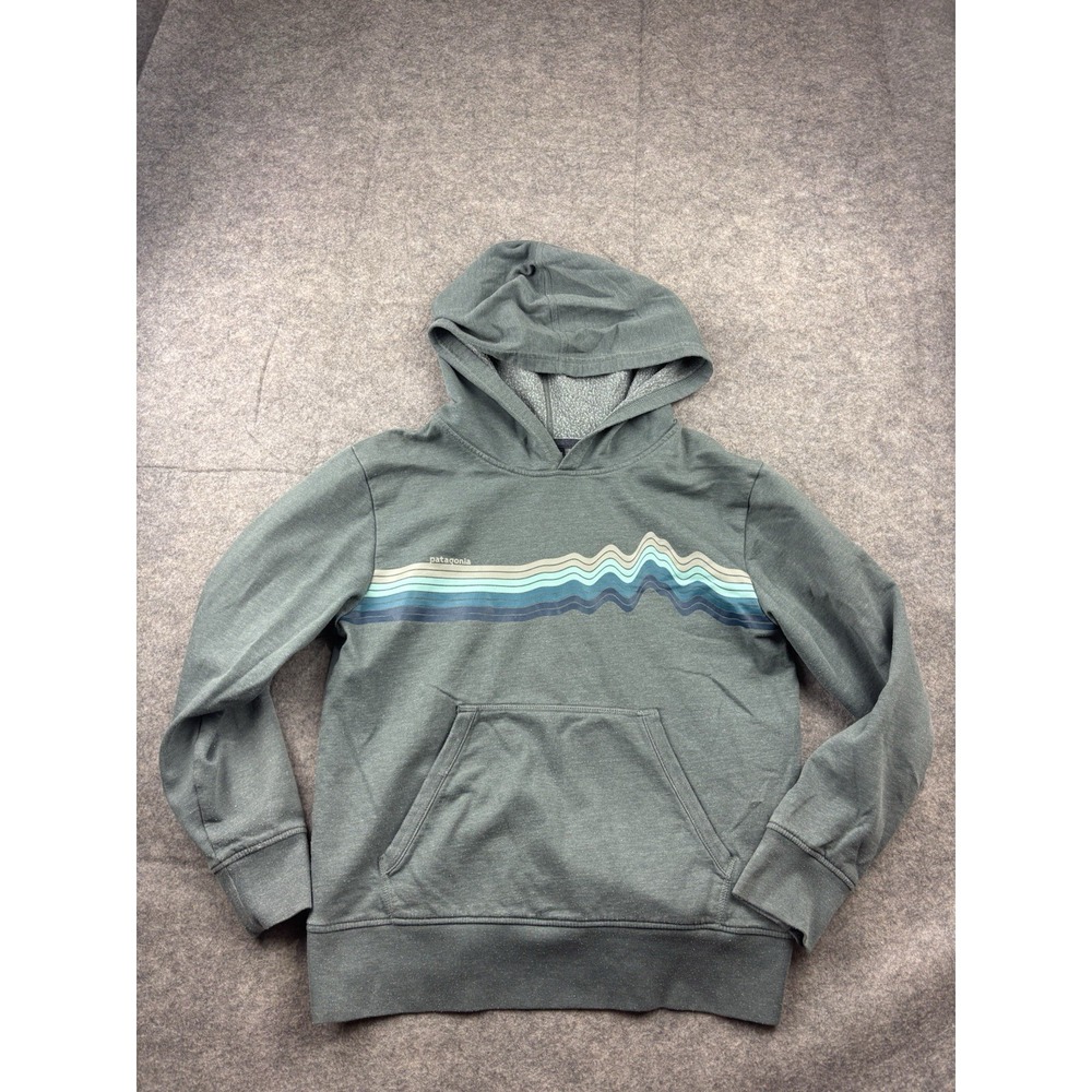 Patagonia Hoodie Boys L Gray Fleece Pullover Logo Sweatshirt Kids Teen Outdoors